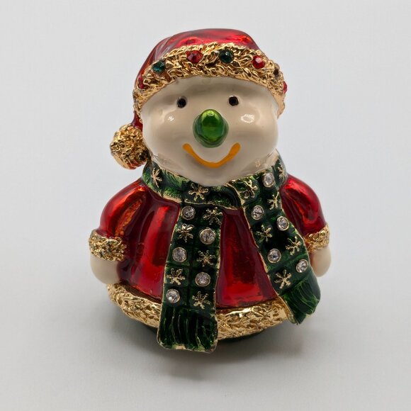 Snowman Jeweled Trinket Box Figurine with Santa Coat and Hat - Picture 1 of 8